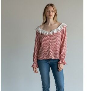 Simple‎ Retro Heart Print Ruffle Blouse Coquette Cottagecore Romantic Top Medium